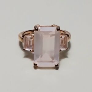925 Silver Rose Quartz Emerald Cut Sz 8-3/4